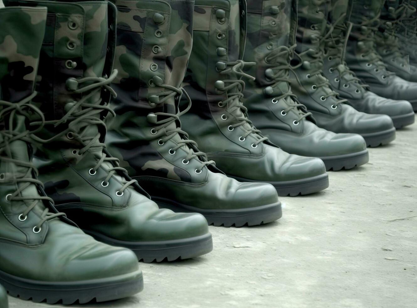 Military boots on the legs of soldiers in a row. Created with Generative AI technology. photo