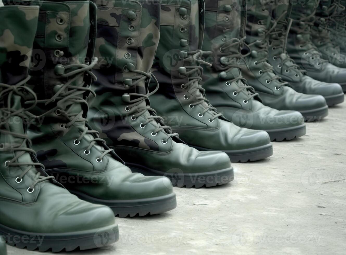 Military boots on the legs of soldiers in a row. Created with Generative AI technology. photo
