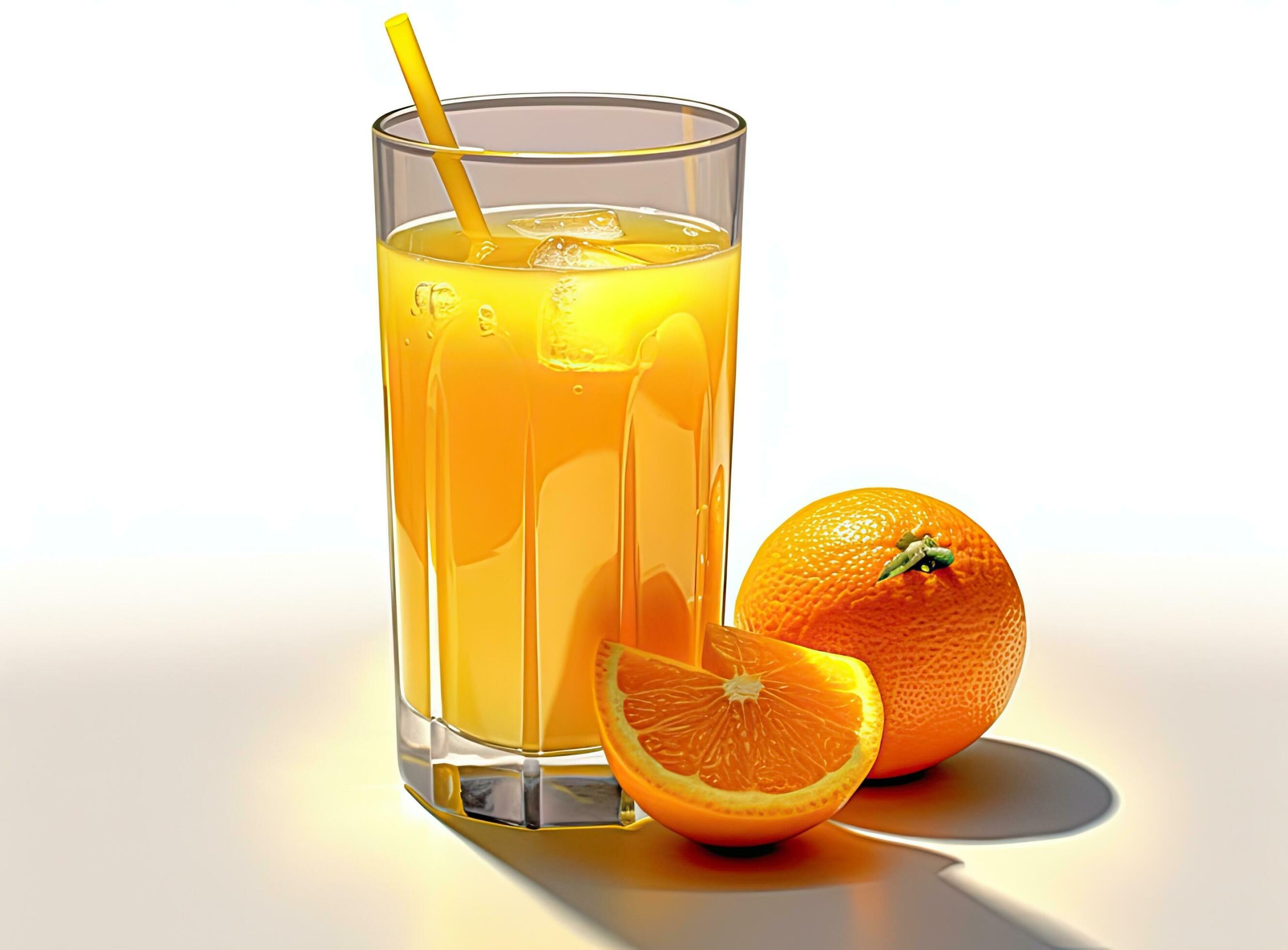 Glass of Orange juice with orange sacs and slices fruits isolate on