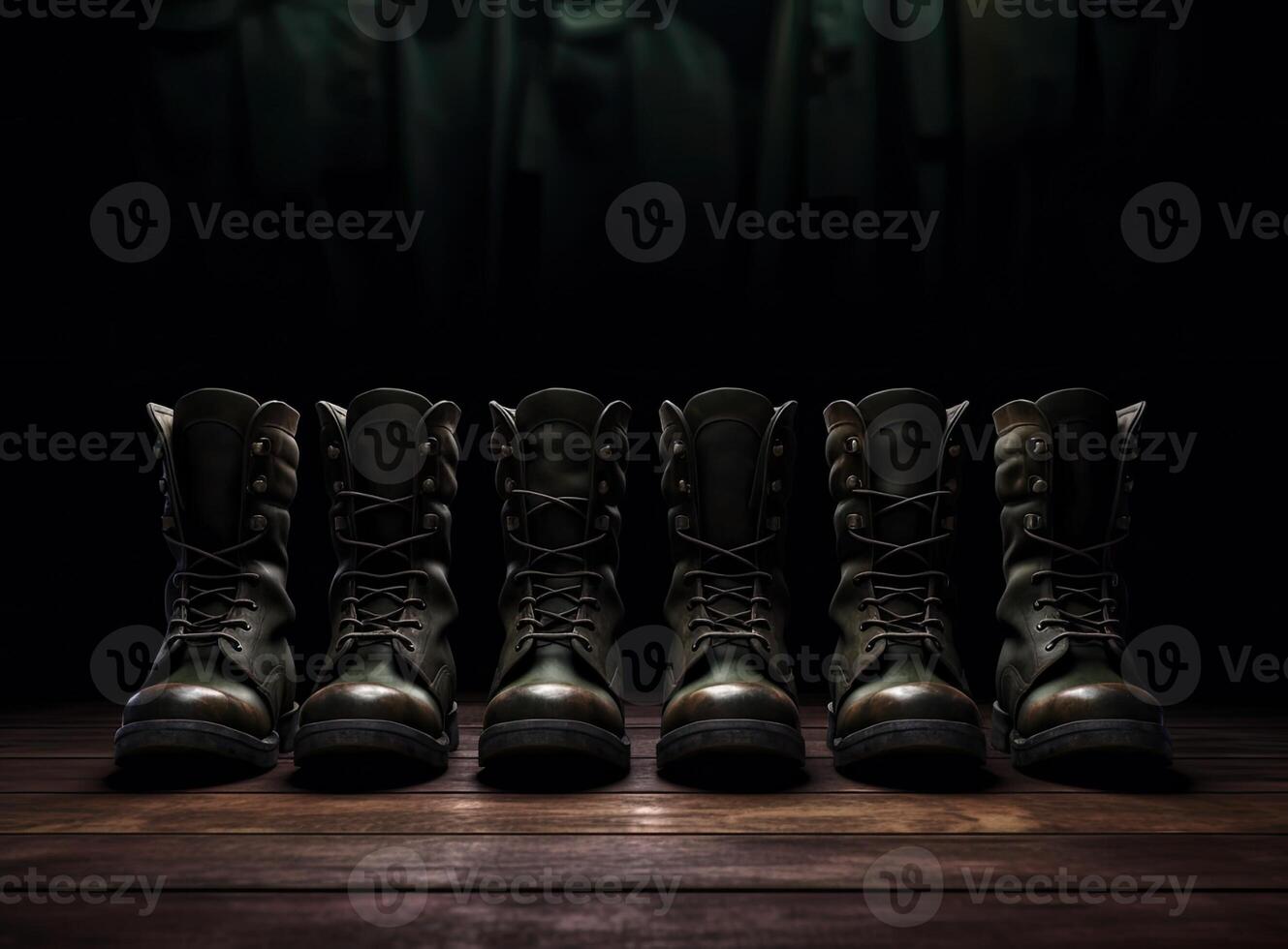Military boots on the legs of soldiers in a row. Created with Generative AI technology. photo
