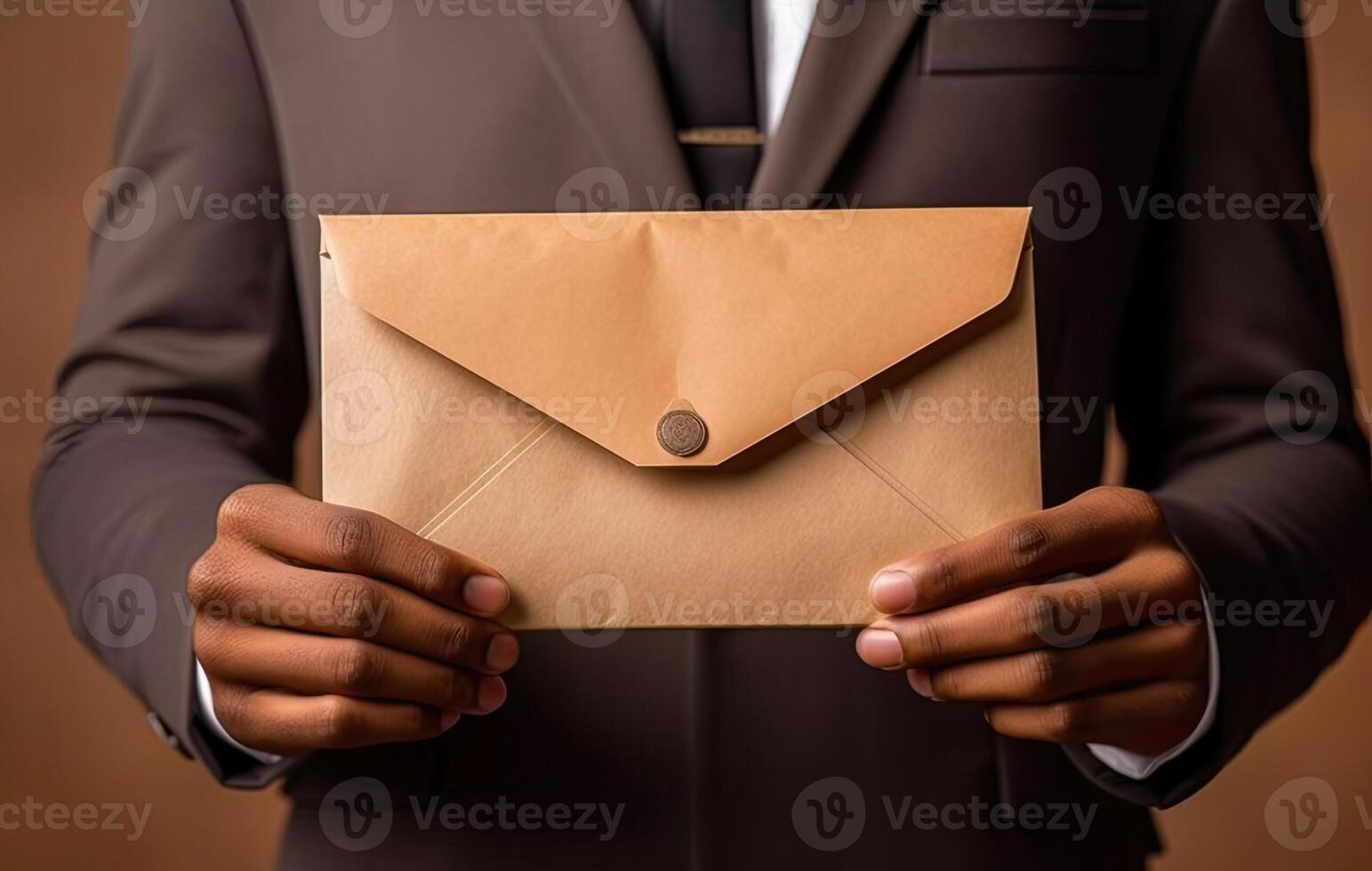 Close up young businessman entrepreneur in formal wear opening envelope with paperwork correspondence, male manager employee unpacking banking notification, Created with Generative AI technology. photo