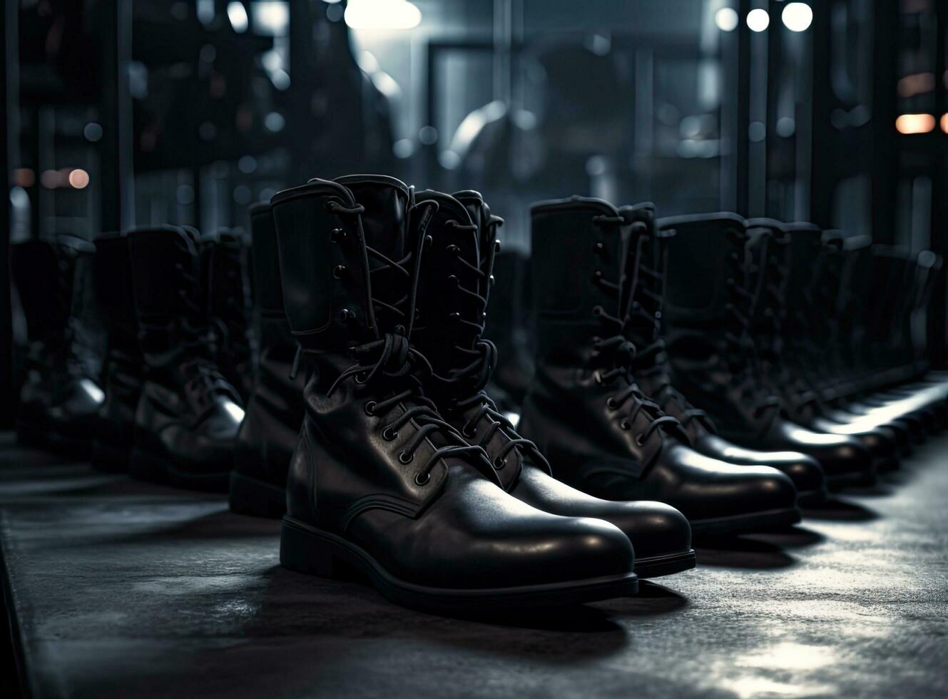 Military boots on the legs of soldiers in a row. Created with Generative AI technology. photo