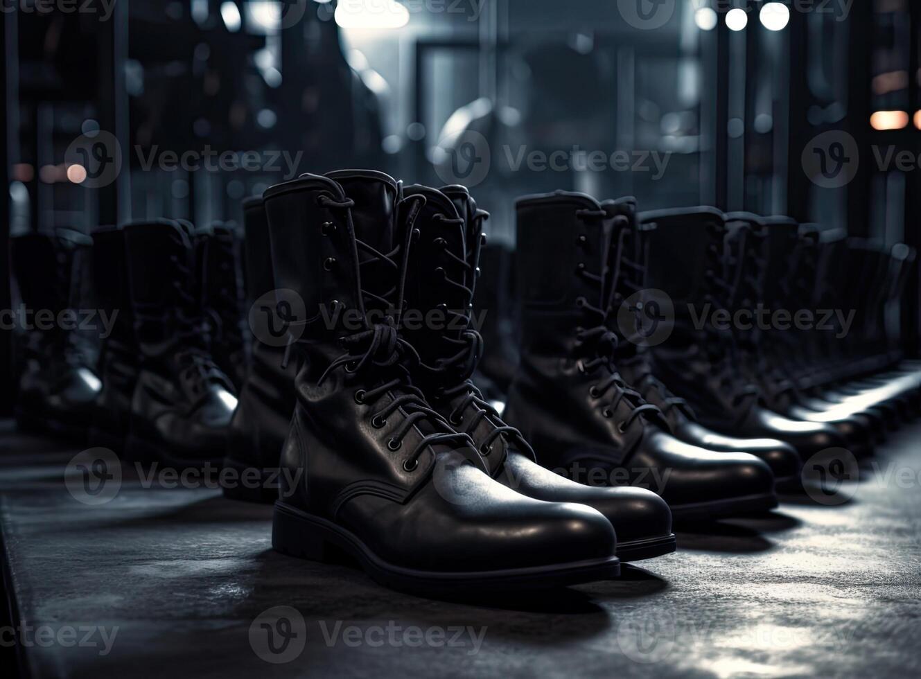 Military boots on the legs of soldiers in a row. Created with Generative AI technology. photo