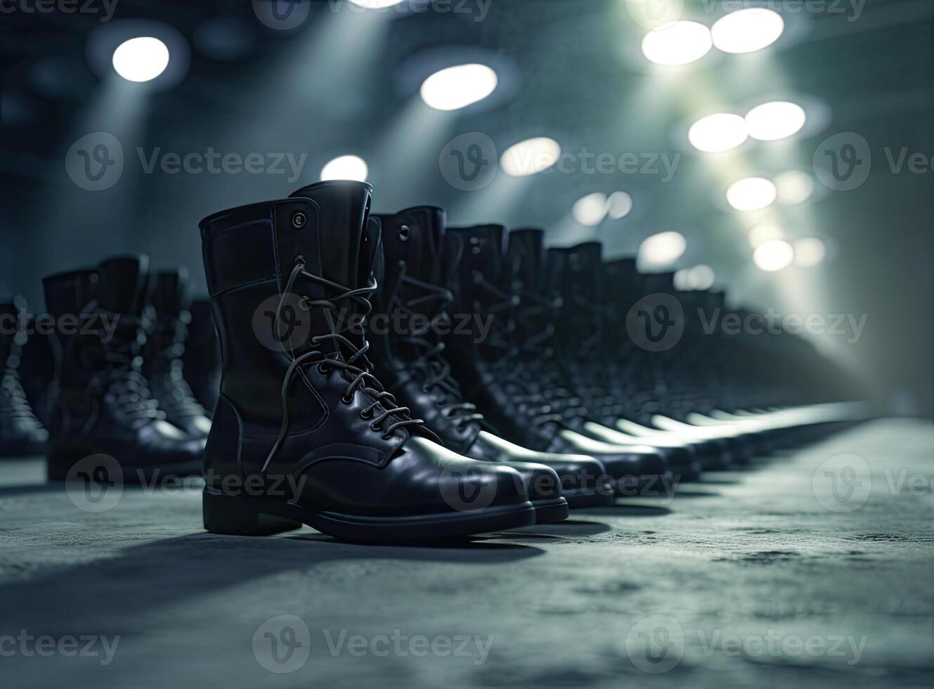 Military boots on the legs of soldiers in a row. Created with Generative AI technology. photo