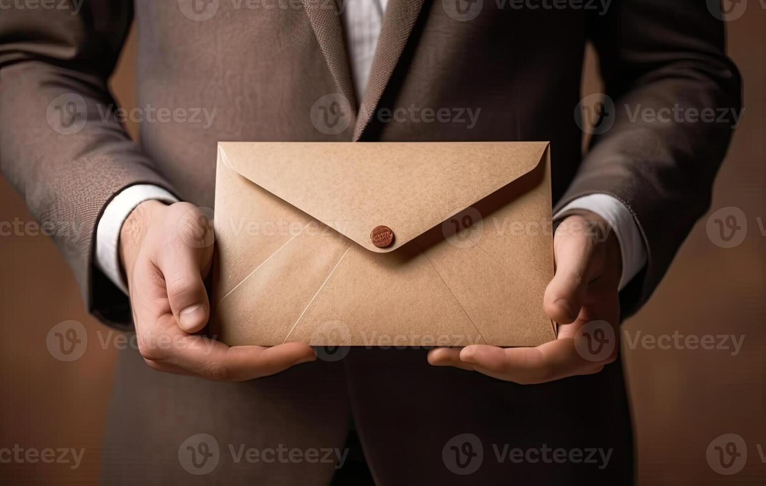 Close up young businessman entrepreneur in formal wear opening envelope with paperwork correspondence, male manager employee unpacking banking notification, Created with Generative AI technology. photo