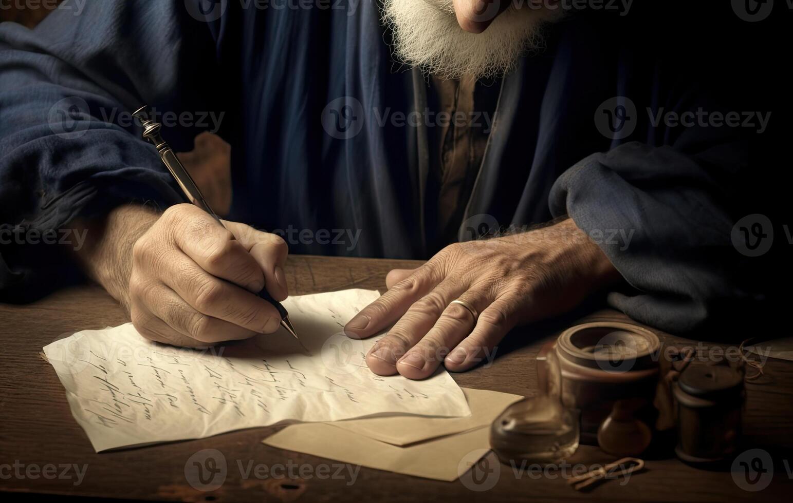 Close up young businessman entrepreneur in formal wear opening envelope with paperwork correspondence, male manager employee unpacking banking notification, Created with Generative AI technology. photo