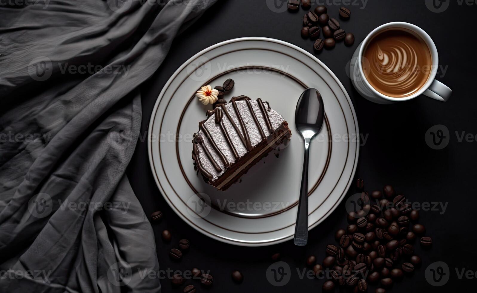 Pouring chocolate sauce onto delicious fresh cake on grey table, closeup. Created with Generative AI technology. photo