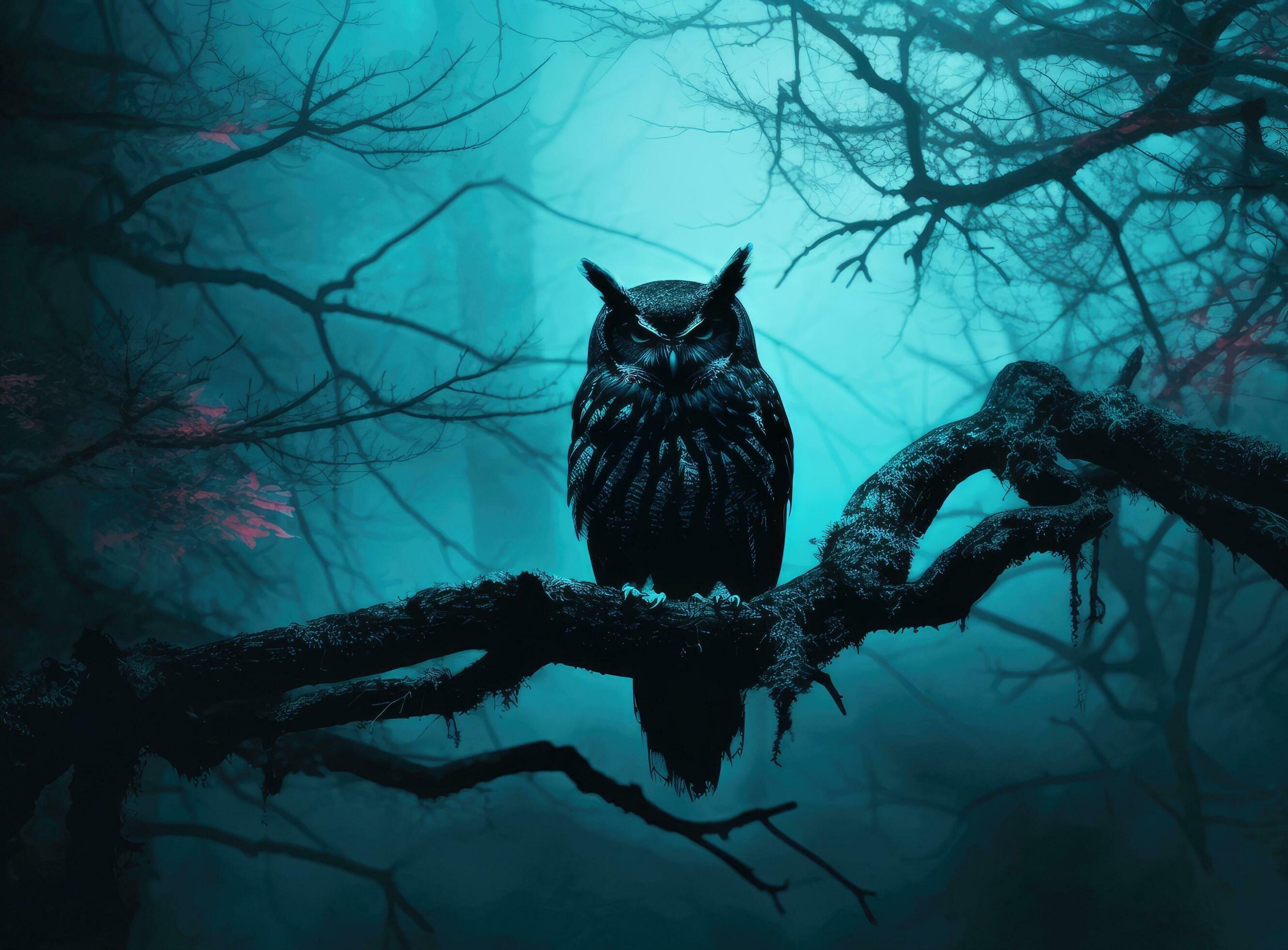 Enchanted forest in magic, mysterious fog at night. Created with