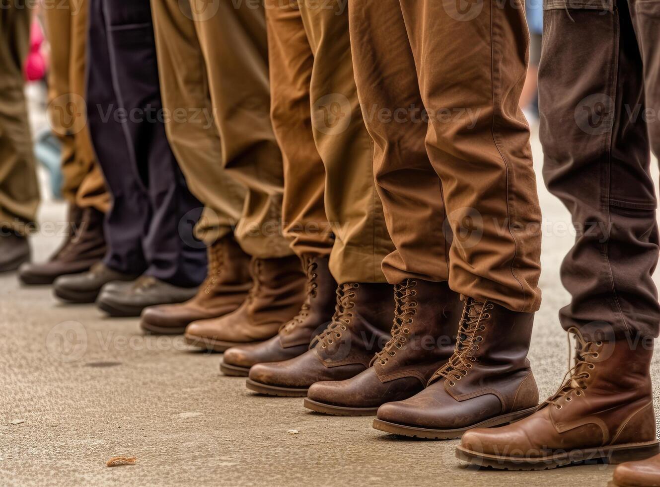 Military boots on the legs of soldiers in a row. Created with Generative AI technology. photo