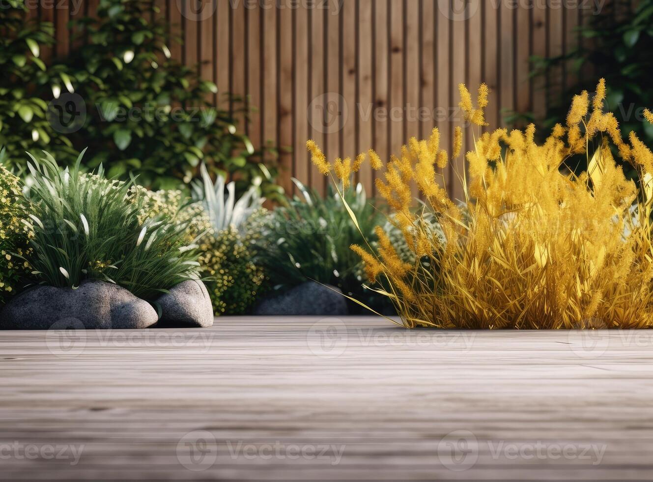 Old wooden decking and plant with wall garden decorative. Created with Generative AI technology. photo
