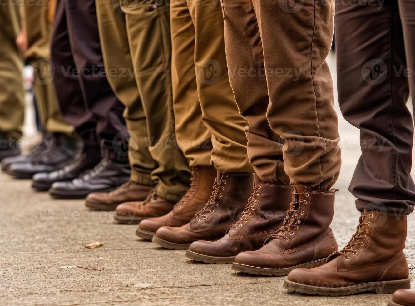 Military boots on the legs of soldiers in a row. Created with Generative AI technology. photo
