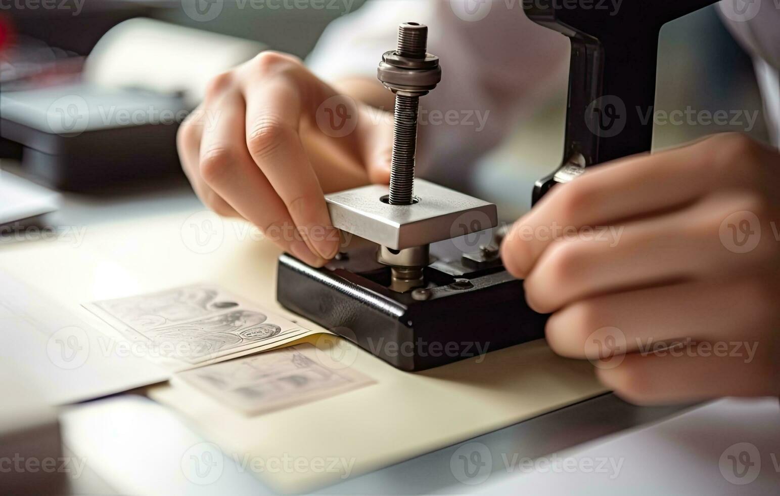Close up on woman's notary public hand stamping the document. Notary public concept. Created with Generative AI technology. photo