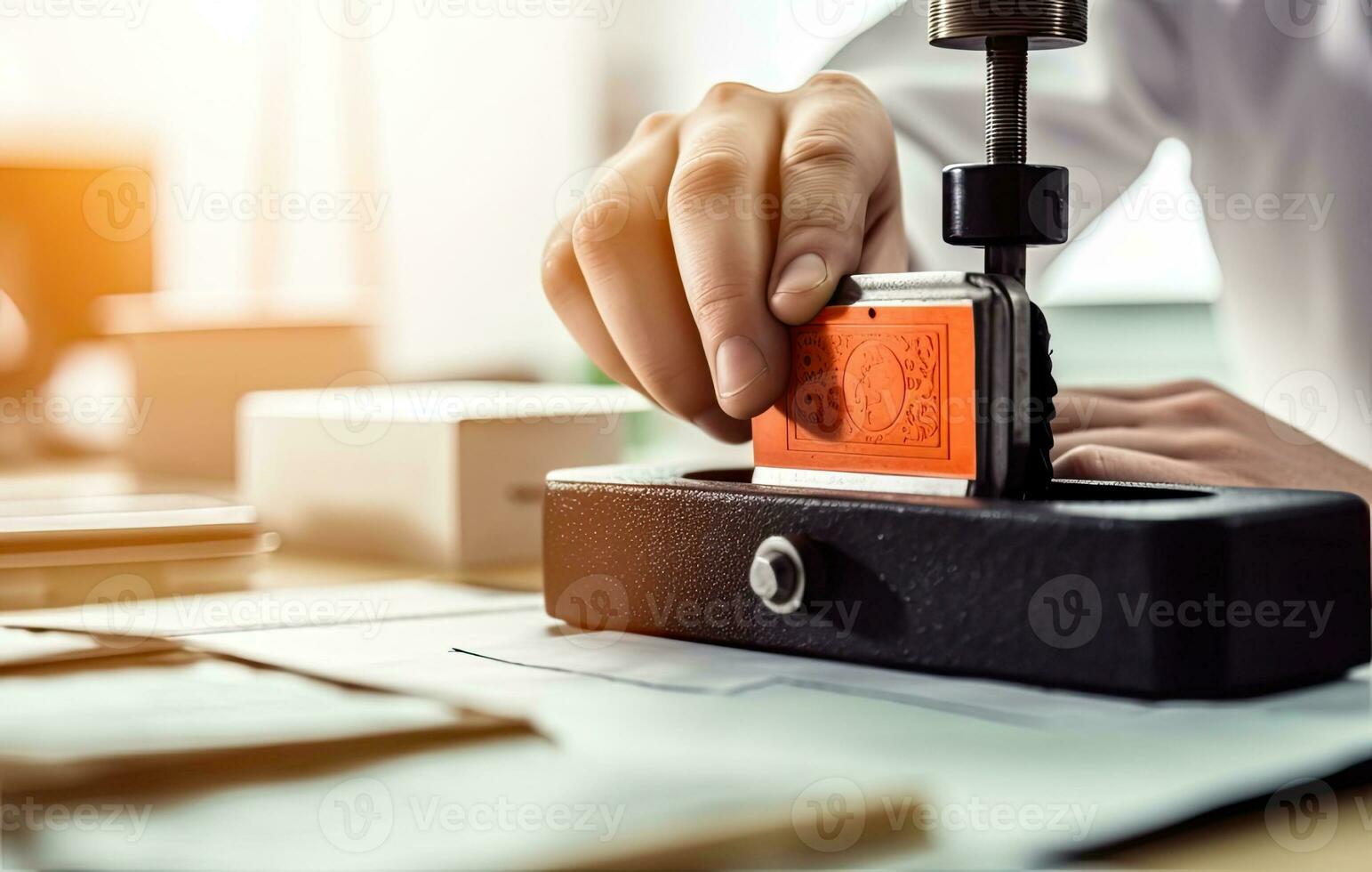 Close up on woman's notary public hand stamping the document. Notary public concept. Created with Generative AI technology. photo