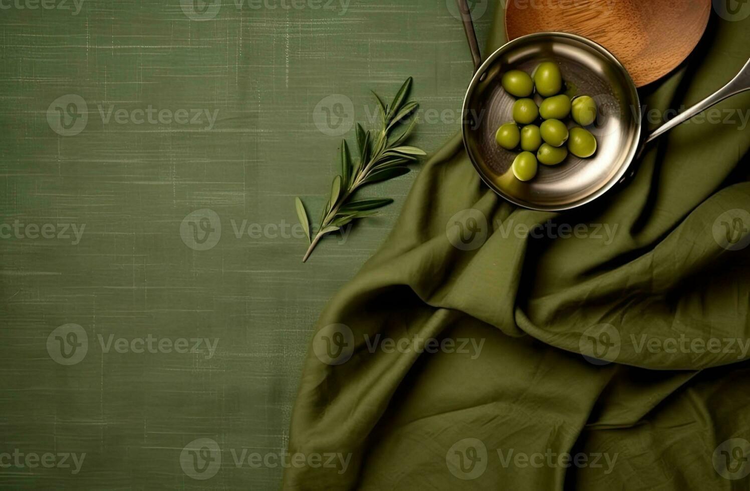 White wooden table covered with green tablecloth and cooking utensils. View from top. Empty tablecloth for product montage. Free space for your text. Created with Generative AI technology. photo
