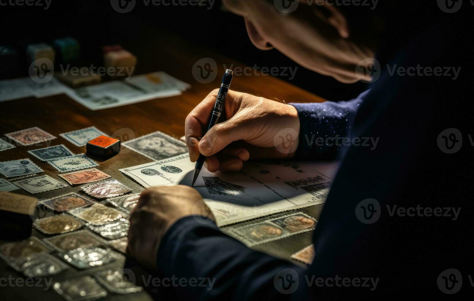 Middle aged businessman in casual clothes making notes in notepad while sitting in his office. Created with Generative AI technology. photo
