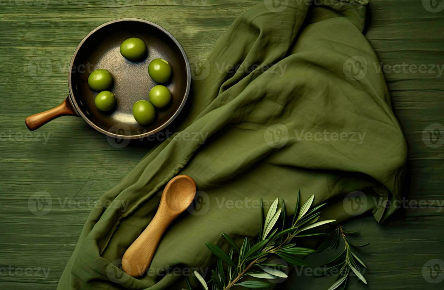 White wooden table covered with green tablecloth and cooking utensils. View from top. Empty tablecloth for product montage. Free space for your text. Created with Generative AI technology. photo