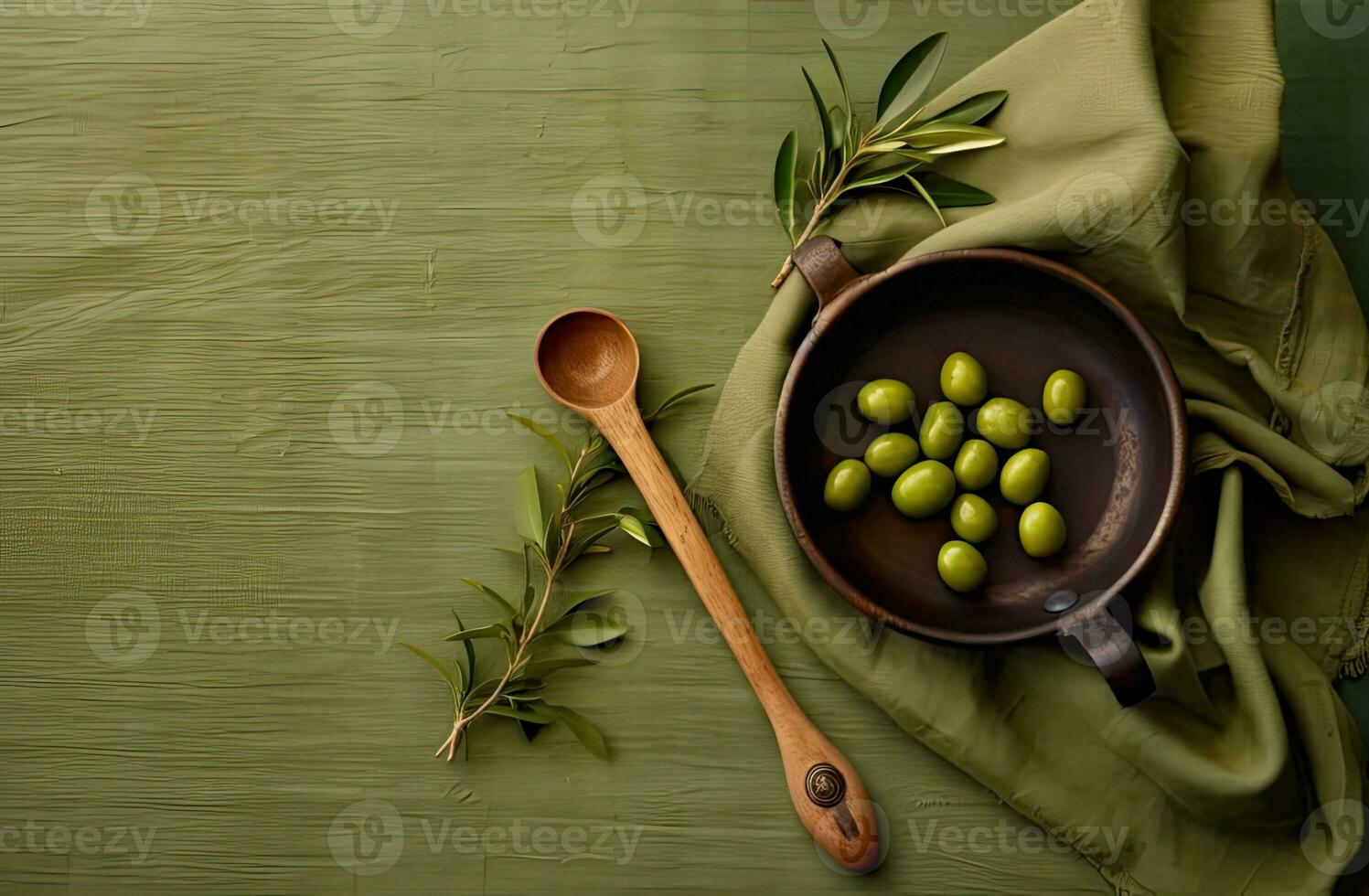 White wooden table covered with green tablecloth and cooking utensils. View from top. Empty tablecloth for product montage. Free space for your text. Created with Generative AI technology. photo