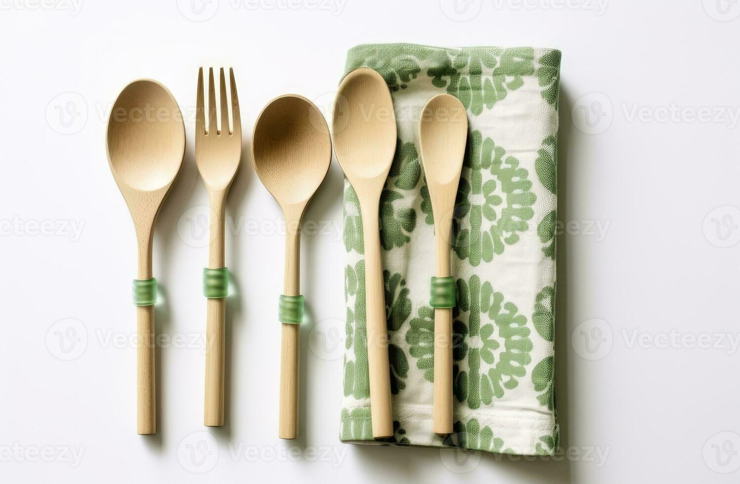 White wooden table covered with green tablecloth and cooking utensils. View from top. Empty tablecloth for product montage. Free space for your text. Created with Generative AI technology. photo