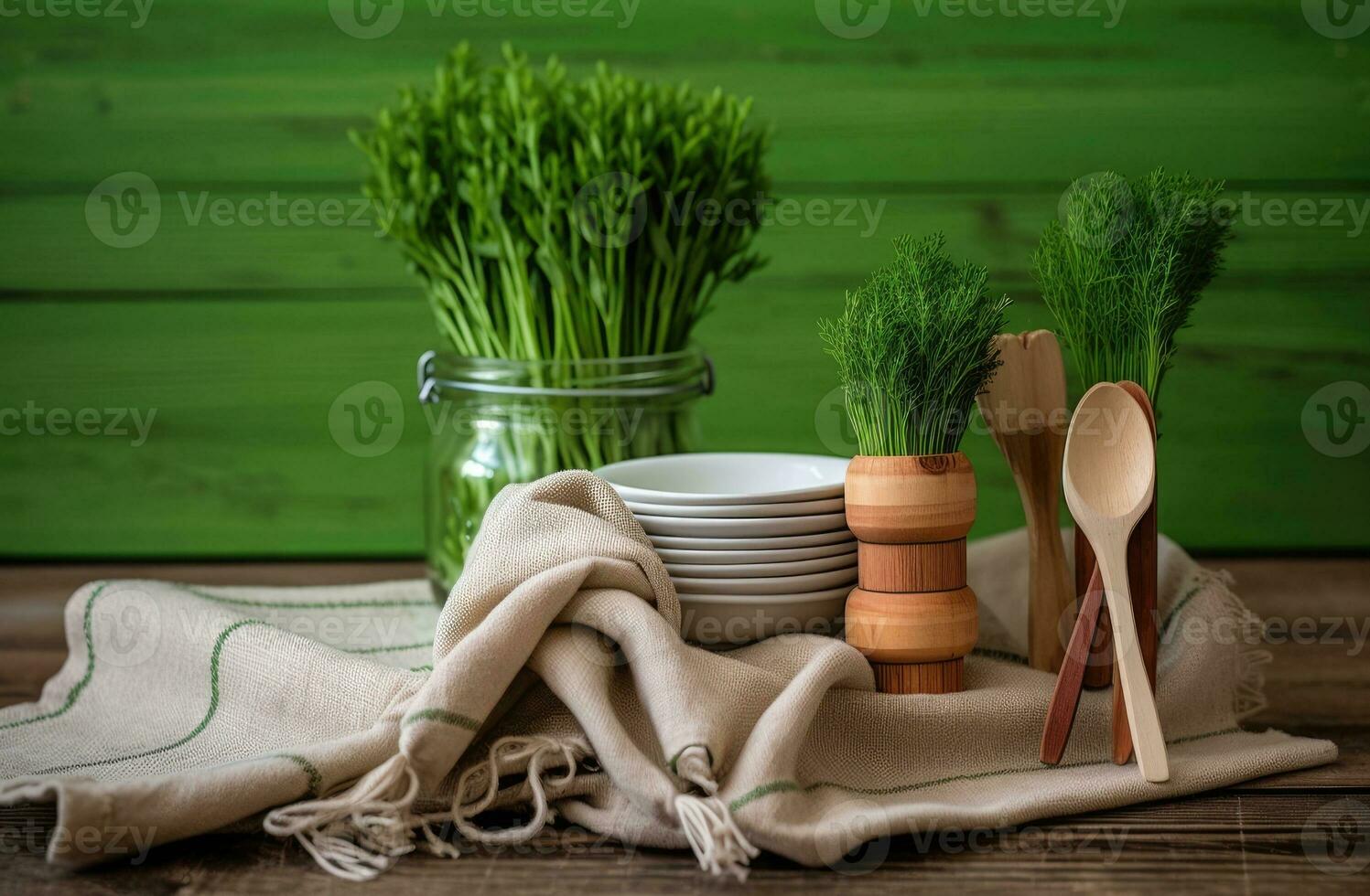 White wooden table covered with green tablecloth and cooking utensils. View from top. Empty tablecloth for product montage. Free space for your text. Created with Generative AI technology. photo