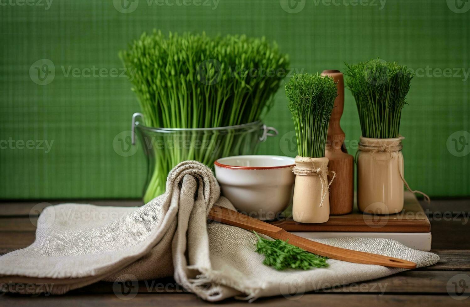 White wooden table covered with green tablecloth and cooking utensils. View from top. Empty tablecloth for product montage. Free space for your text. Created with Generative AI technology. photo