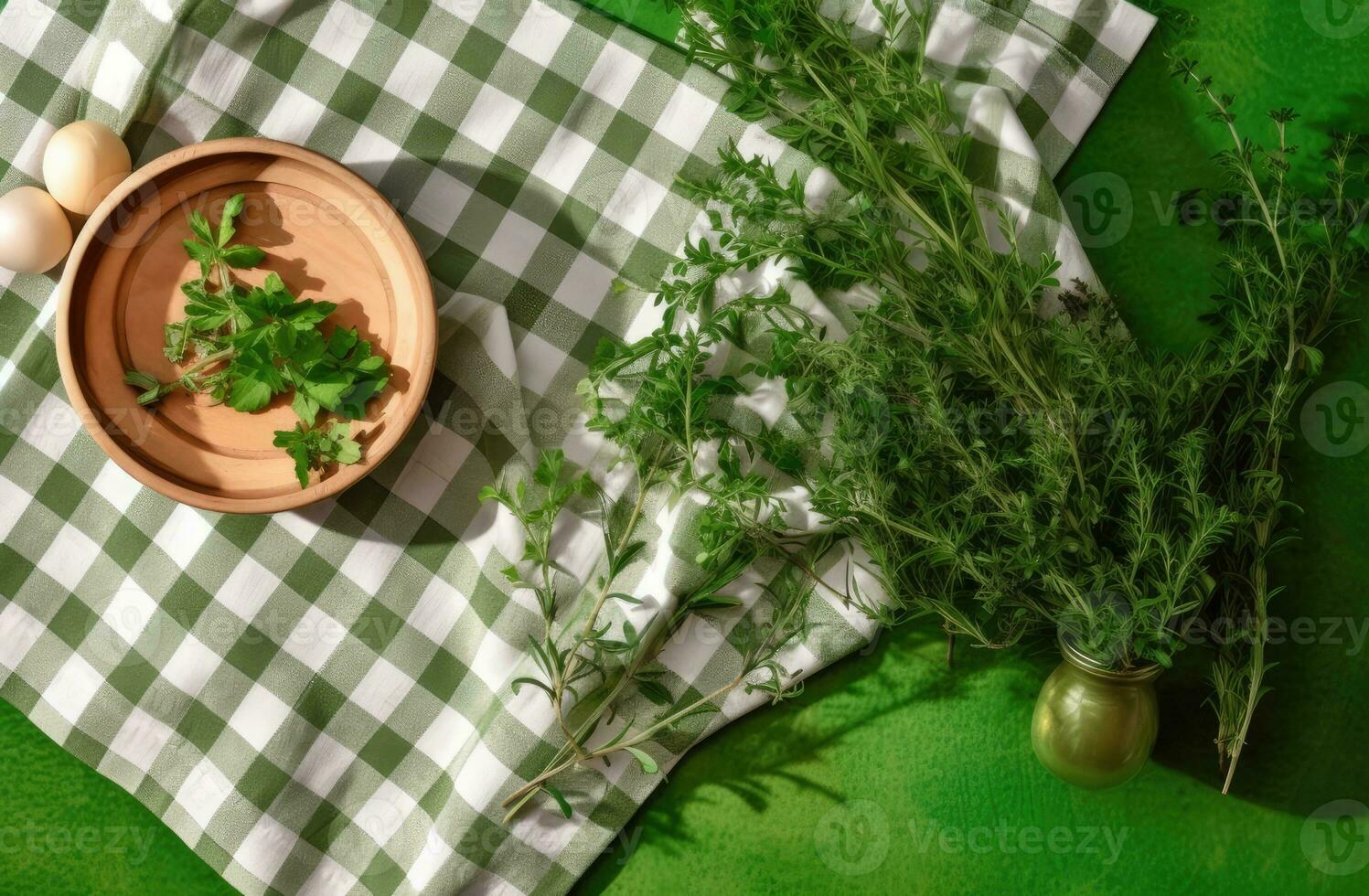 White wooden table covered with green tablecloth and cooking utensils. View from top. Empty tablecloth for product montage. Free space for your text. Created with Generative AI technology. photo