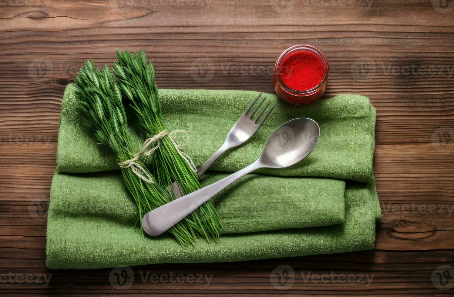 White wooden table covered with green tablecloth and cooking utensils. View from top. Empty tablecloth for product montage. Free space for your text. Created with Generative AI technology. photo