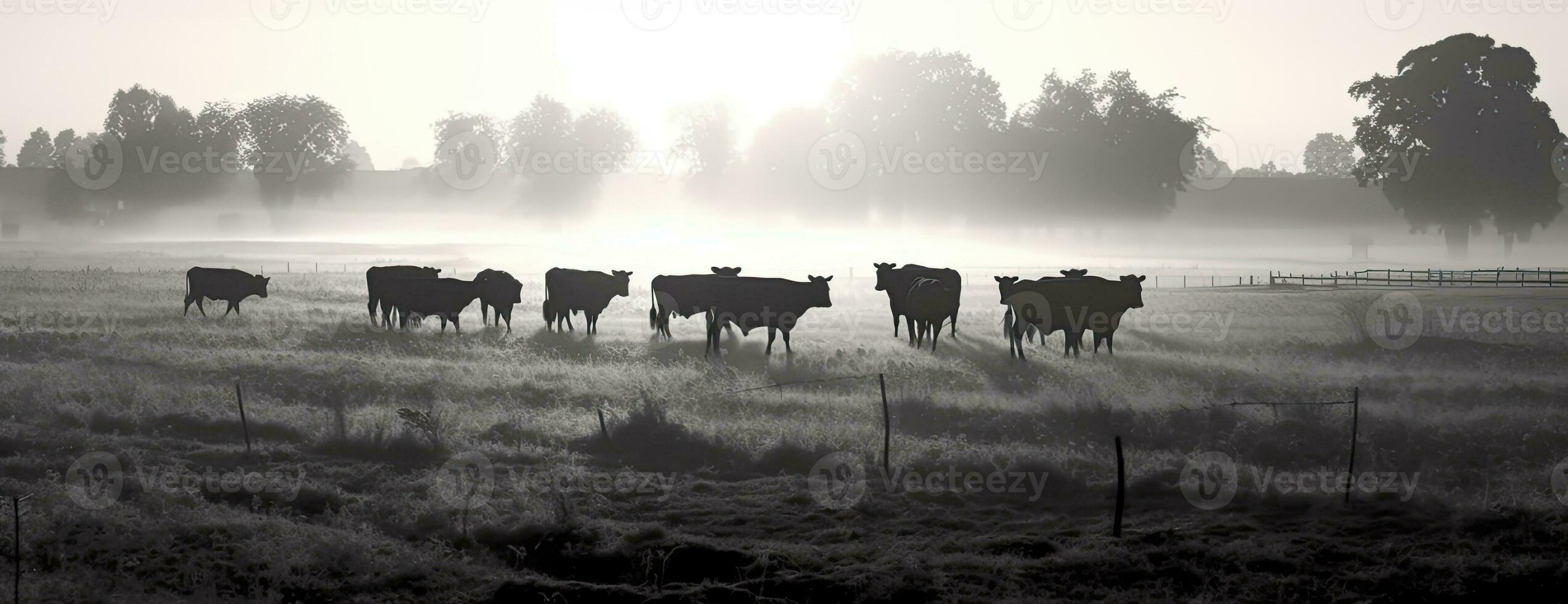 Panorama of grazing cows in a meadow with grass covered with dewdrops and morning fog, and in the background the sunrise in a small haze. Created with Generative AI technology. photo