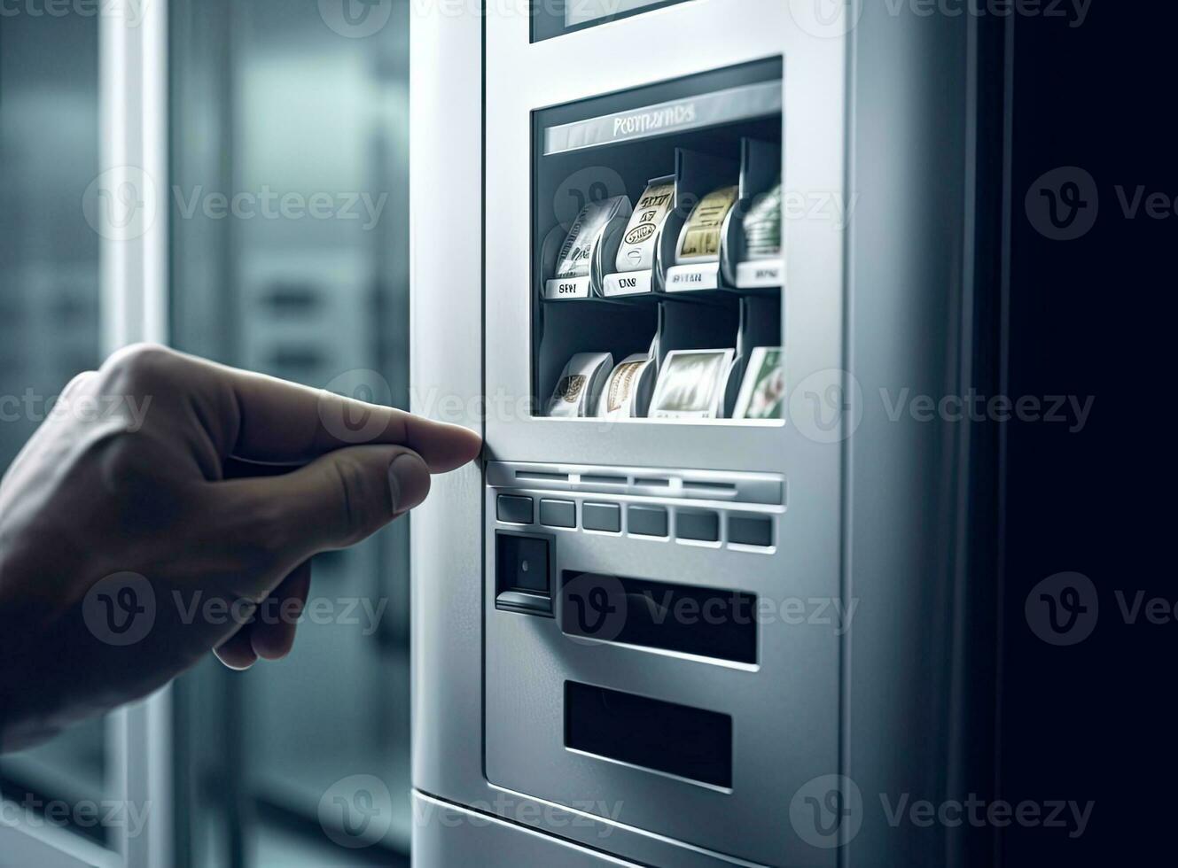 Close up image unrecognizable businessman hand using plastic pass card entering or leaving office modern workspace. Gateway and electronic card reader. Created with Generative AI technology. photo