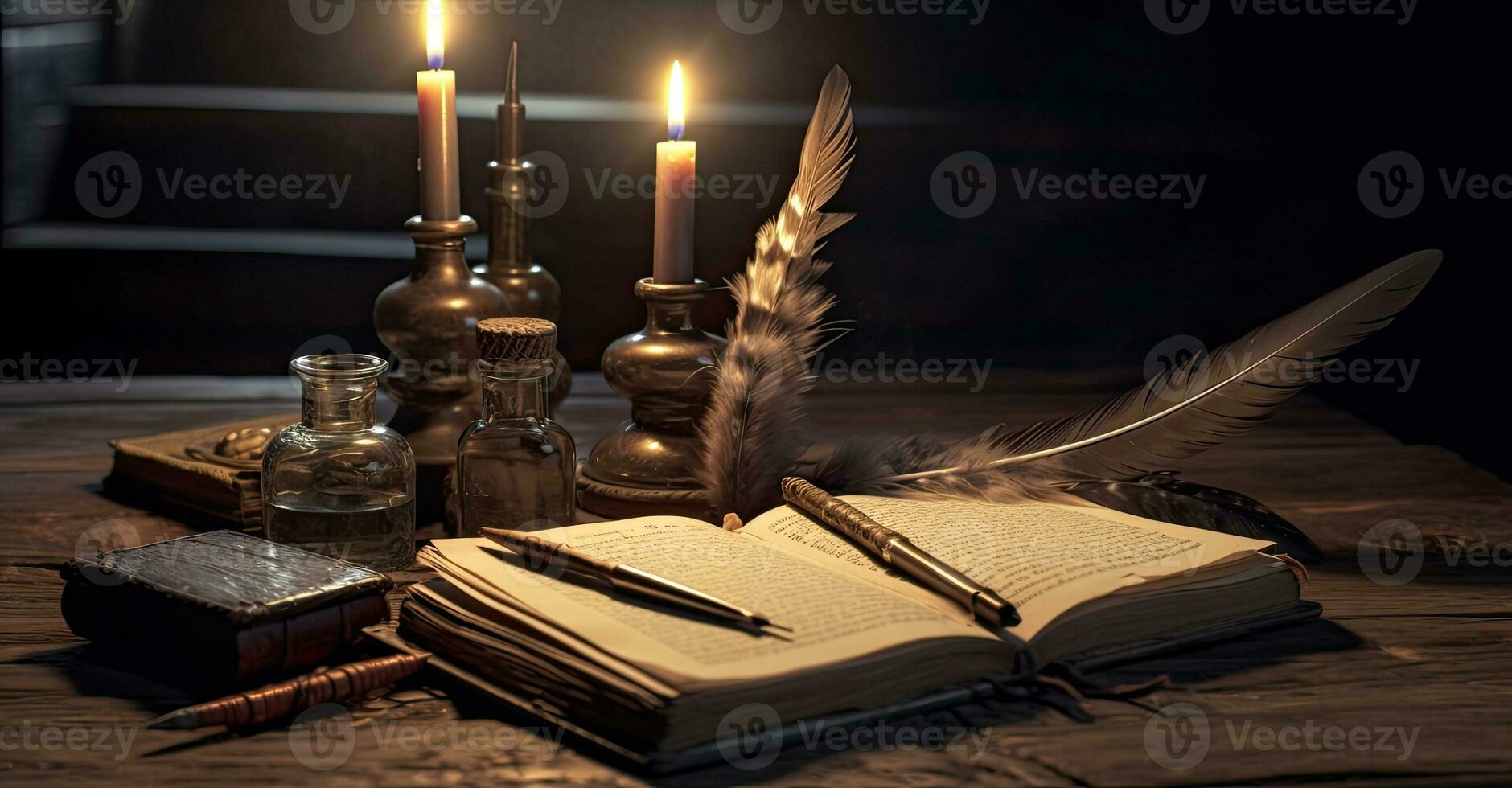 Old quill pen with inkwell and papers on wooden desk against vintage bookcase. retro style. banner copy space. Created with Generative AI technology. photo
