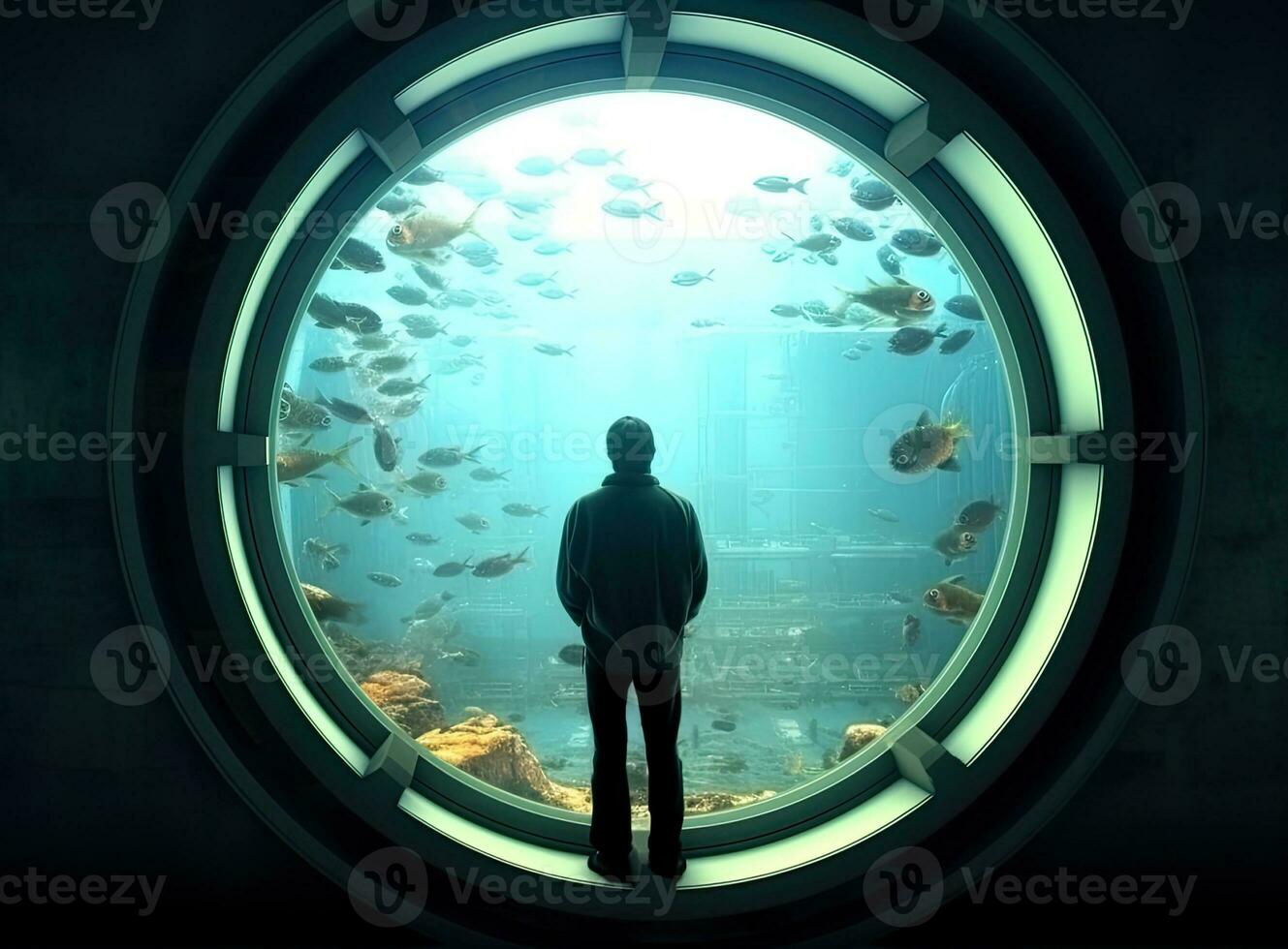 Man watching underwater world through round window in aquarium Created with Generative AI technology. photo