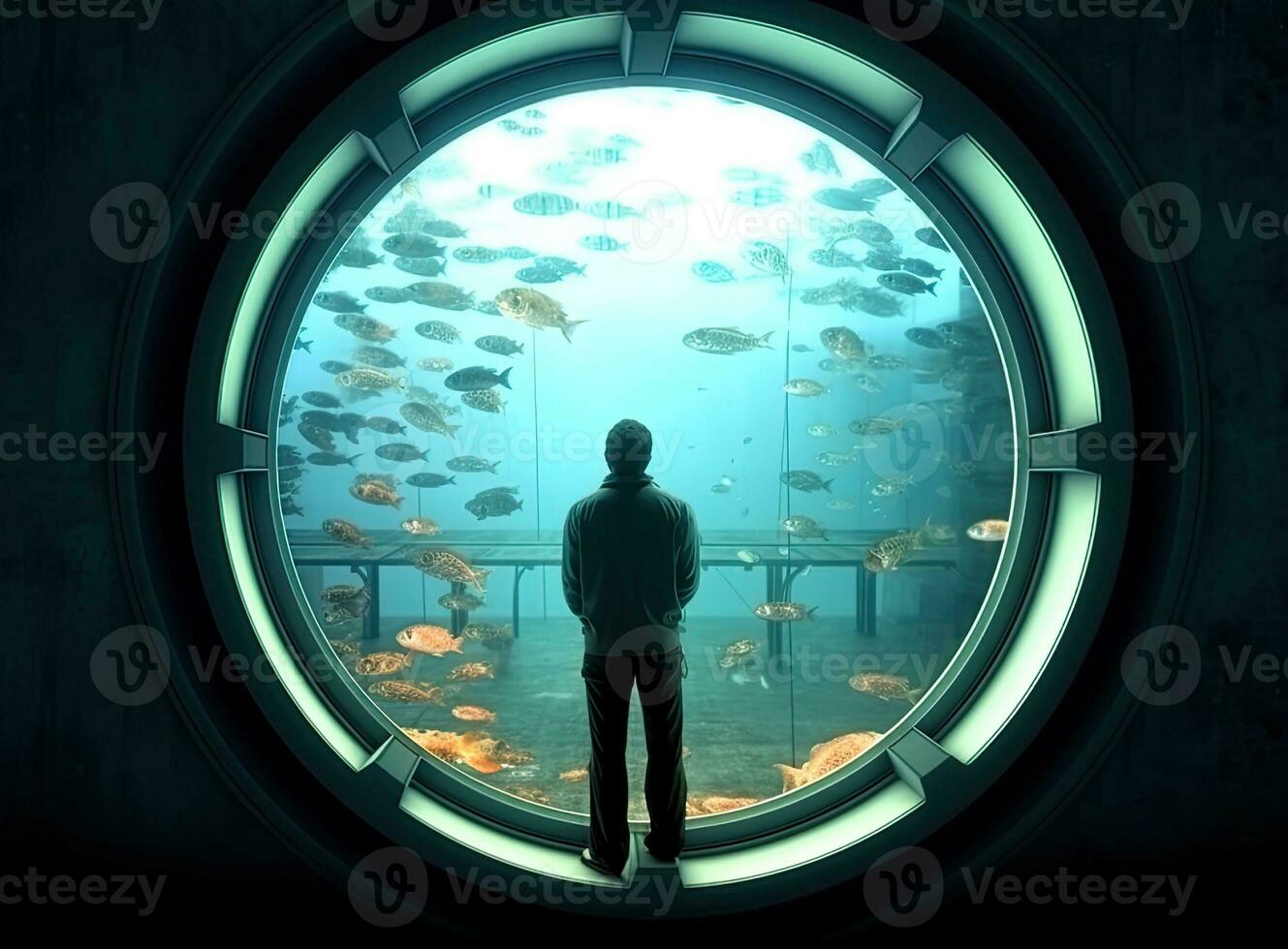 Man watching underwater world through round window in aquarium Created with Generative AI technology. photo