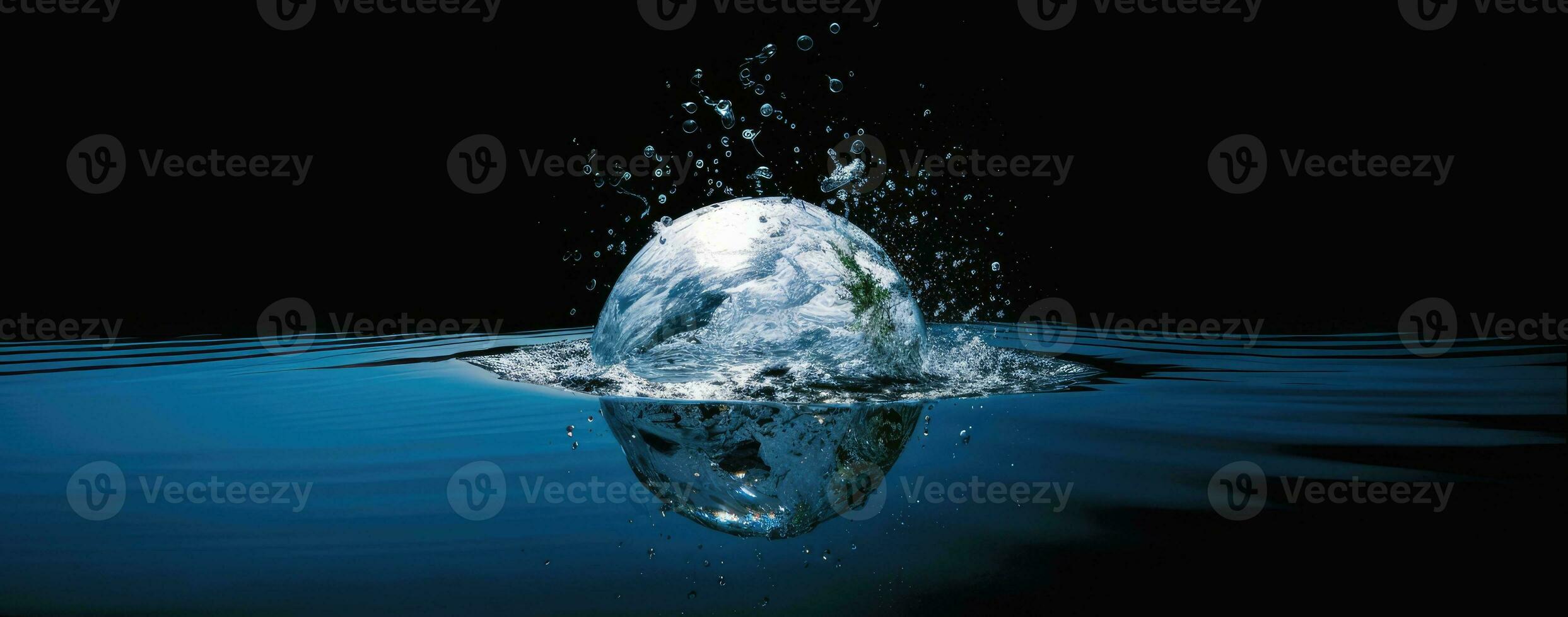 Water, planet and climate change with the earth in a puddle as a symbol of global warming or temperature shift. Created with Generative AI technology. photo