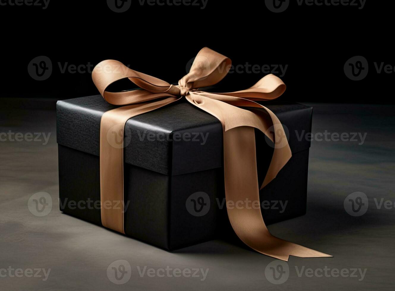 Craft gift box on a dark background, decorated with a textured bow and feathers, creating a romantic luxury atmosphere. For birthday, anniversary presents, Created with Generative AI technology. photo