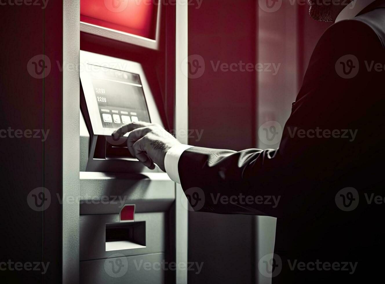 Close up image unrecognizable businessman hand using plastic pass card entering or leaving office modern workspace. Gateway and electronic card reader. Created with Generative AI technology. photo
