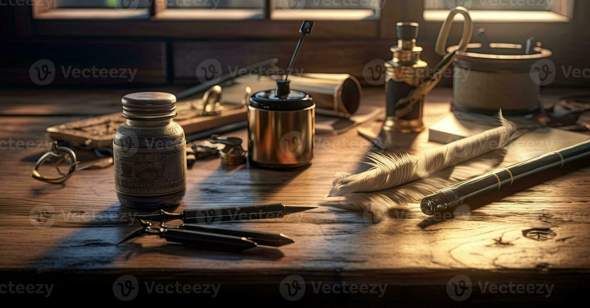 Old quill pen with inkwell and papers on wooden desk against vintage bookcase. retro style. banner copy space. Created with Generative AI technology. photo