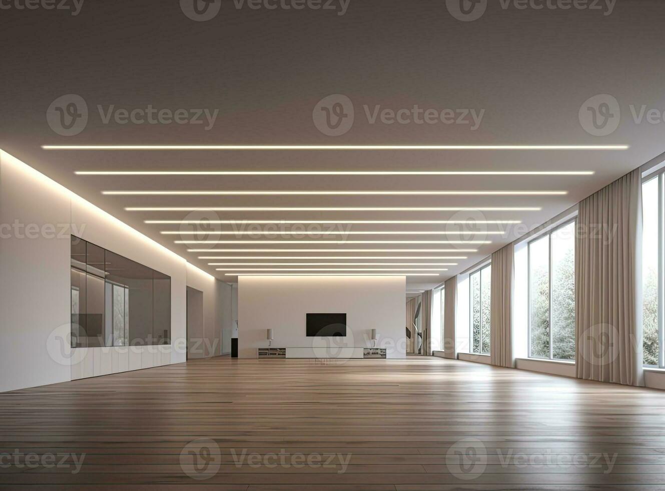 suspended ceiling with halogen spots lamps and drywall construction in empty room in apartment or house. Stretch ceiling white and complex shape. Created with Generative AI technology. photo