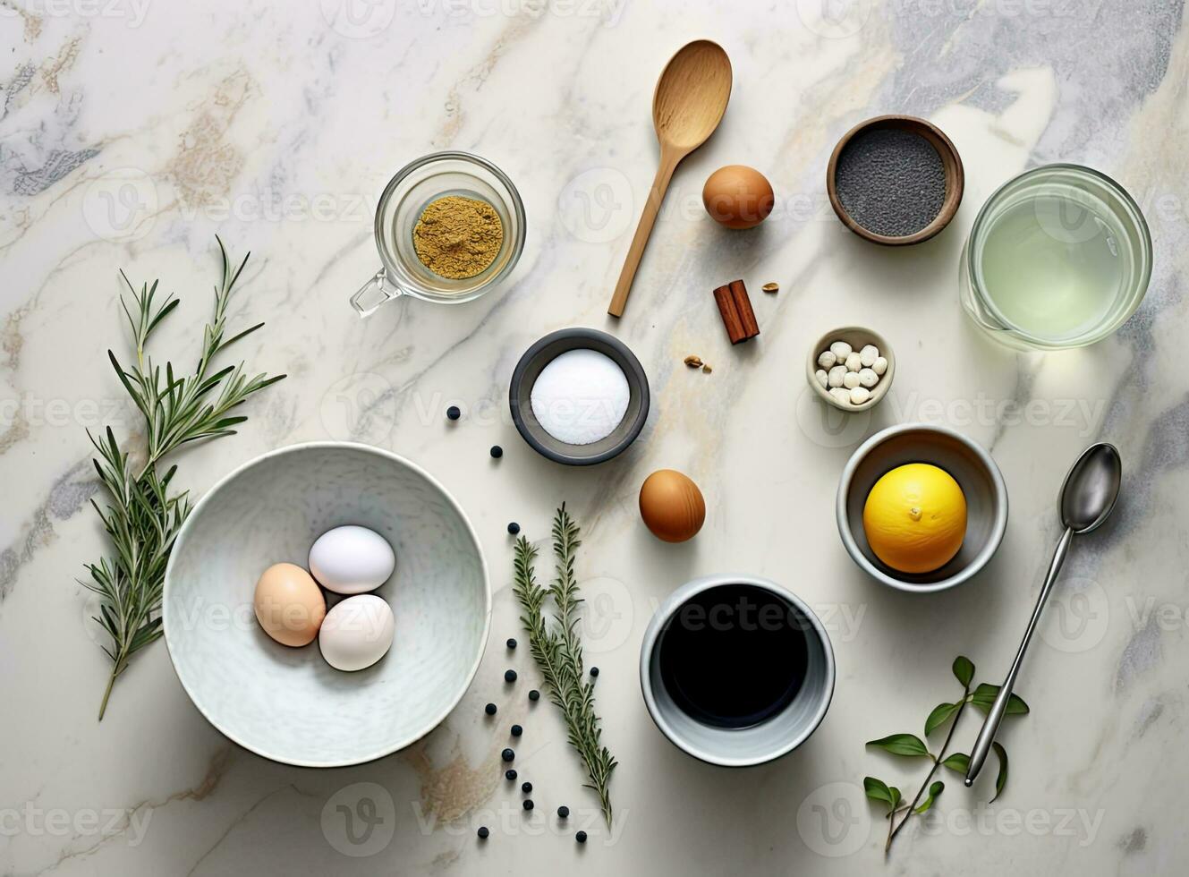 Baking culinary ingredients. Eggs, flour, whisk and kitchen textile on bright grey concrete background. Cookies, pie or cake recipe mockup. Top view. Created with Generative AI technology. photo