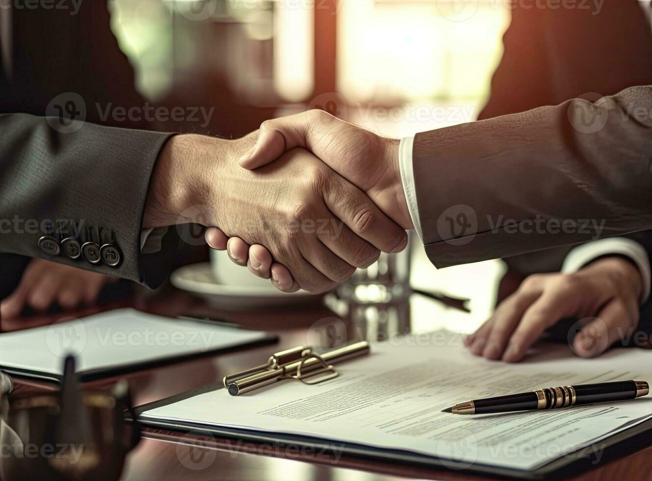 Close up of two businessmen shaking hands in blurred office with computer and contract on table. Concept of partnership and communication Created with Generative AI technology. photo