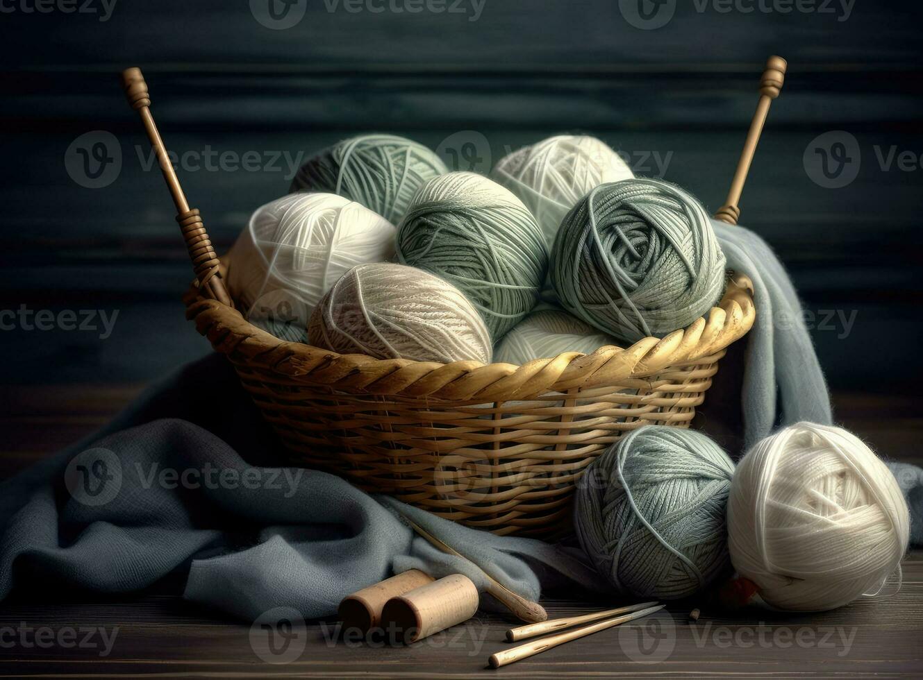 Knitted from a gray yarn sweater and thread for knitting closeup. Knitting as a hobby. Accessories for knitting. Created with Generative AI technology. photo