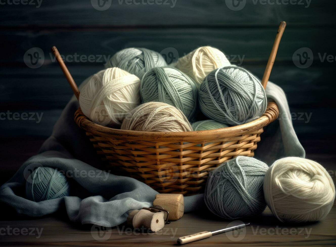 Knitted from a gray yarn sweater and thread for knitting closeup. Knitting as a hobby. Accessories for knitting. Created with Generative AI technology. photo