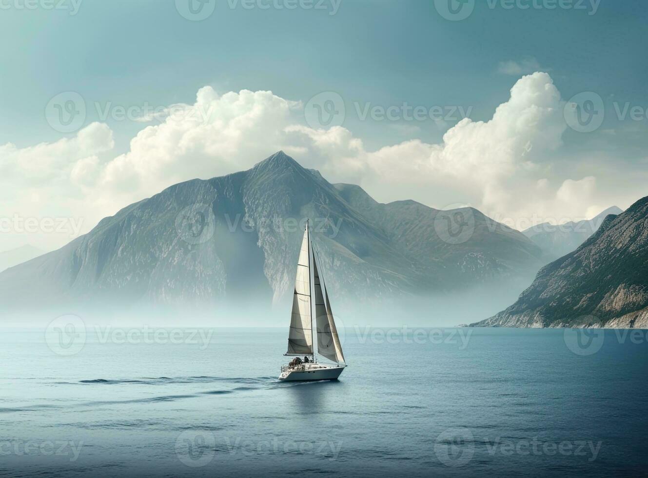 Sailing boat in the sea against the backdrop of mountains. Created with Generative AI technology. photo