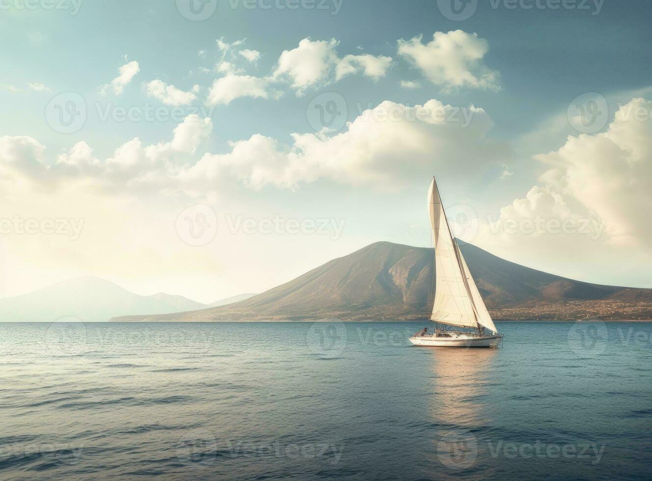 Sailing boat in the sea against the backdrop of mountains. Created with Generative AI technology. photo