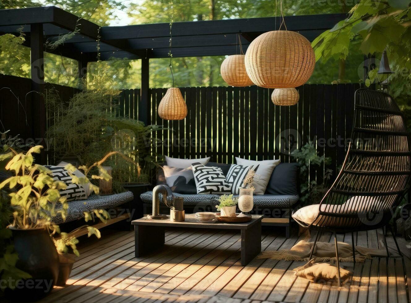 Modern lounge outdoors in backyard. Exterior veranda of house with black  Acapulco armchairs and plants pots. Cozy space in patio or balcony with  garland. Created with Generative AI technology. 26953288 Stock Photo