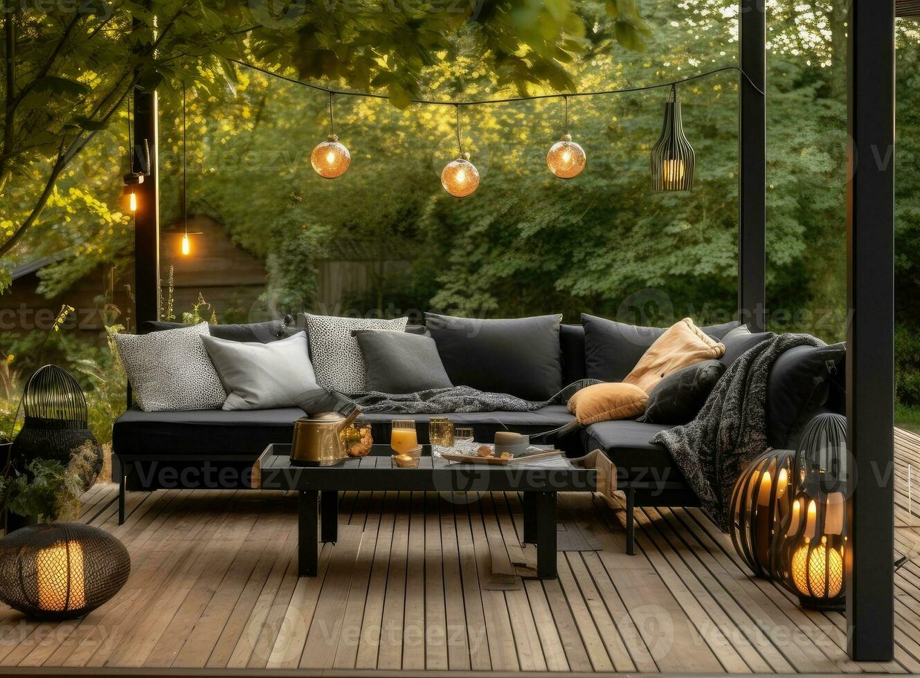 moderno salón al aire libre en patio interior. exterior veranda de casa con negro acapulco sillones y plantas ollas. acogedor espacio en patio o balcón con guirnalda. creado con generativo ai tecnología. foto