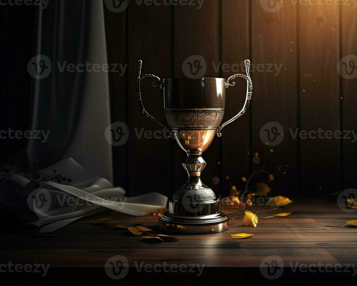Trophy on top of wooden table in front of dark background. copy space ready for your design win concept. Created with Generative AI technology. photo