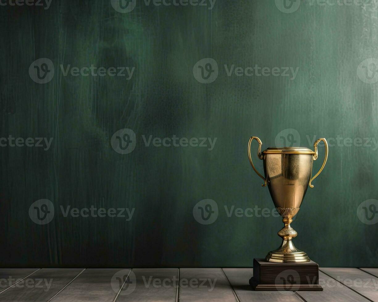 Trophy on top of wooden table in front of dark background. copy space ready for your design win concept. Created with Generative AI technology. photo