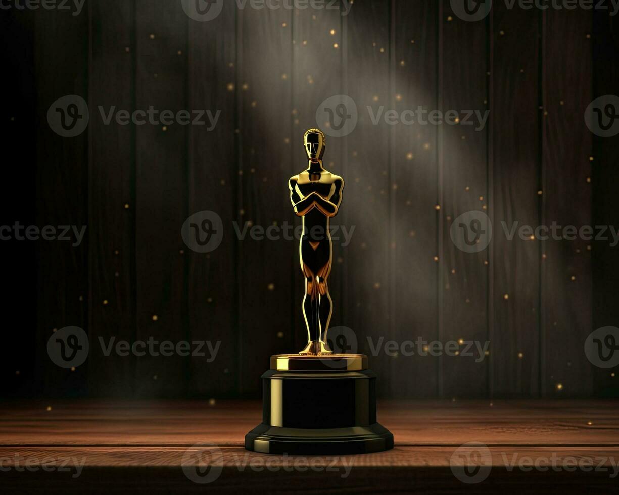 Trophy on top of wooden table in front of dark background. copy space ready for your design win concept. Created with Generative AI technology. photo