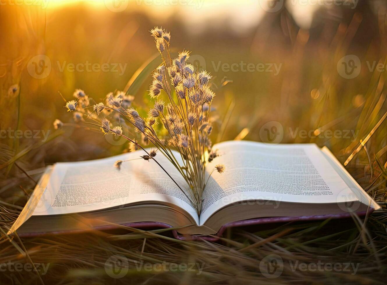 Open book in the grass on the field on sunny day in spring. Beautiful meadow with daisy and dandelion flowers at springtime. Created with Generative AI technology. photo