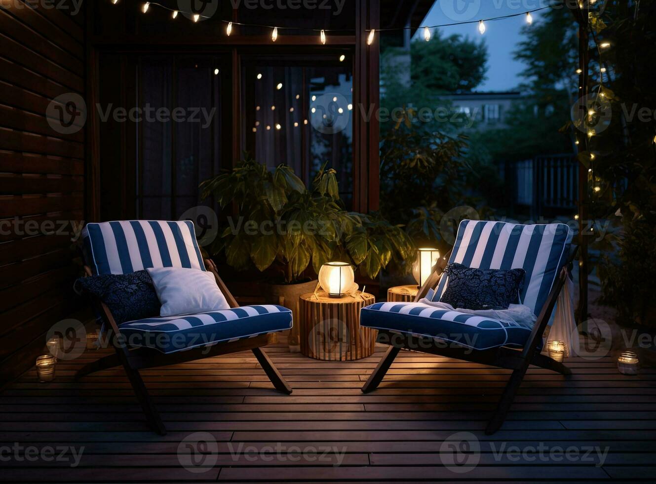 moderno salón al aire libre en patio interior. exterior veranda de casa con negro acapulco sillones y plantas ollas. acogedor espacio en patio o balcón con guirnalda. creado con generativo ai tecnología. foto