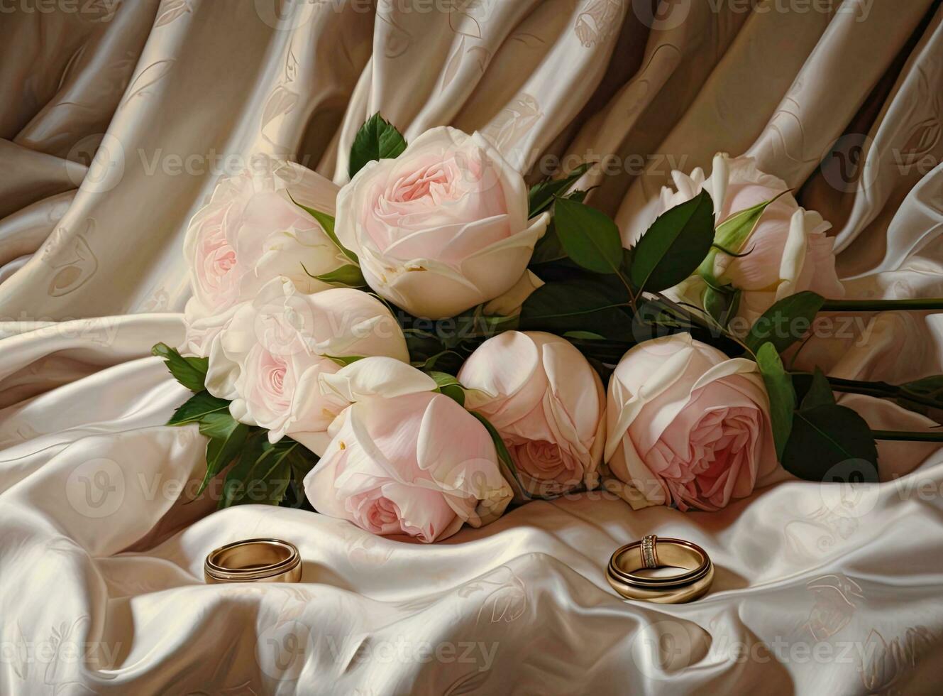 wedding rings and boutonniere lie on the veil next to the bride's bouquet. Created with Generative AI technology. photo